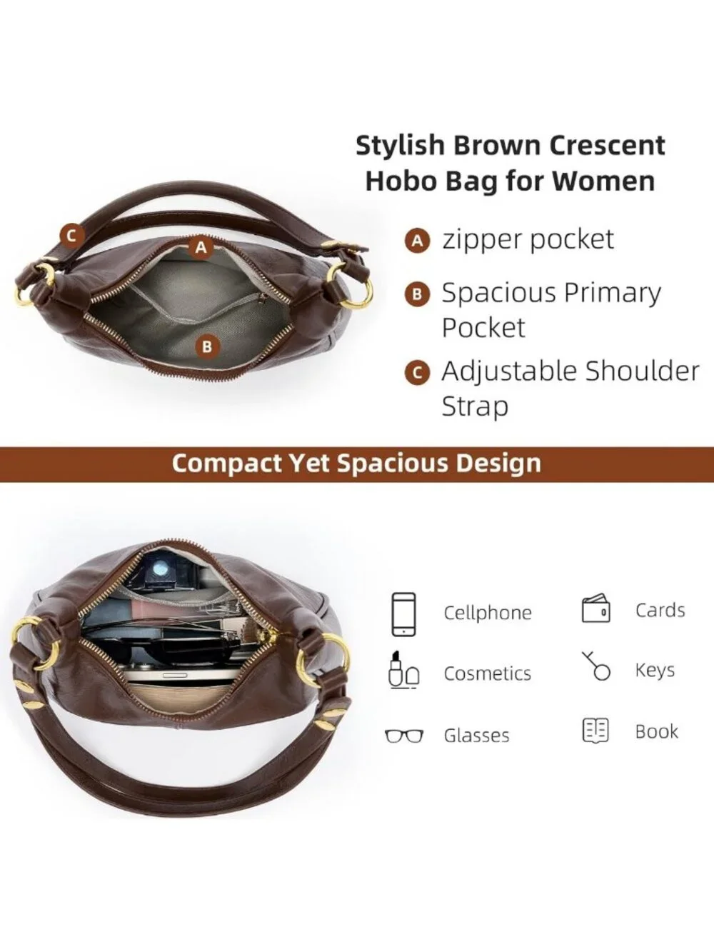 Cute Retro Small Hobo Purse, Soft Vegan Leather Crescent Shoulder Bag, Roomy